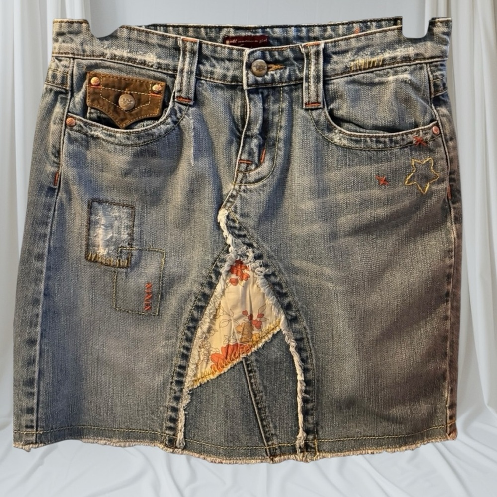 WAX JEANS Y2K Bohemian Blue Denim Mini Skirt with Embroidery EPOC